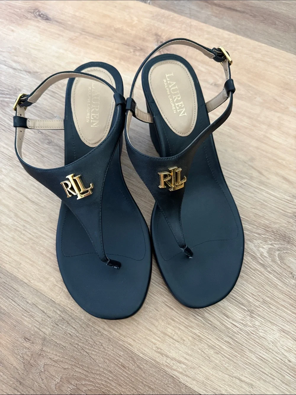 Ralph Lauren Black Wedge Thong Sandals with Gold RL Emblem - Picture 2 of 6